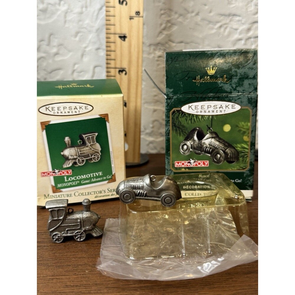 2 NEW Hallmark Mini Christmas Ornaments Monopoly Locomotive Train Race Car